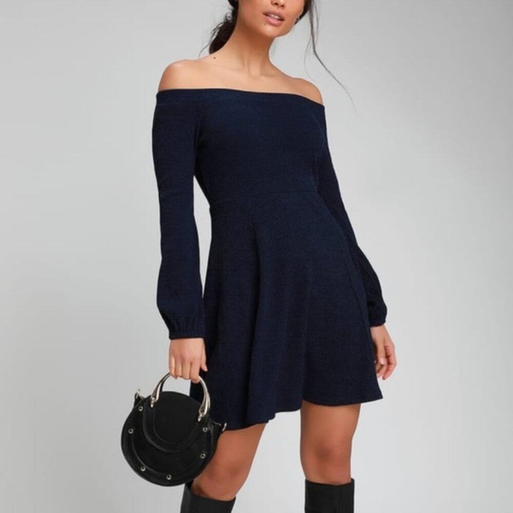 Lulu's Navy Ribbed Off-the-Shoulder Mini Dress